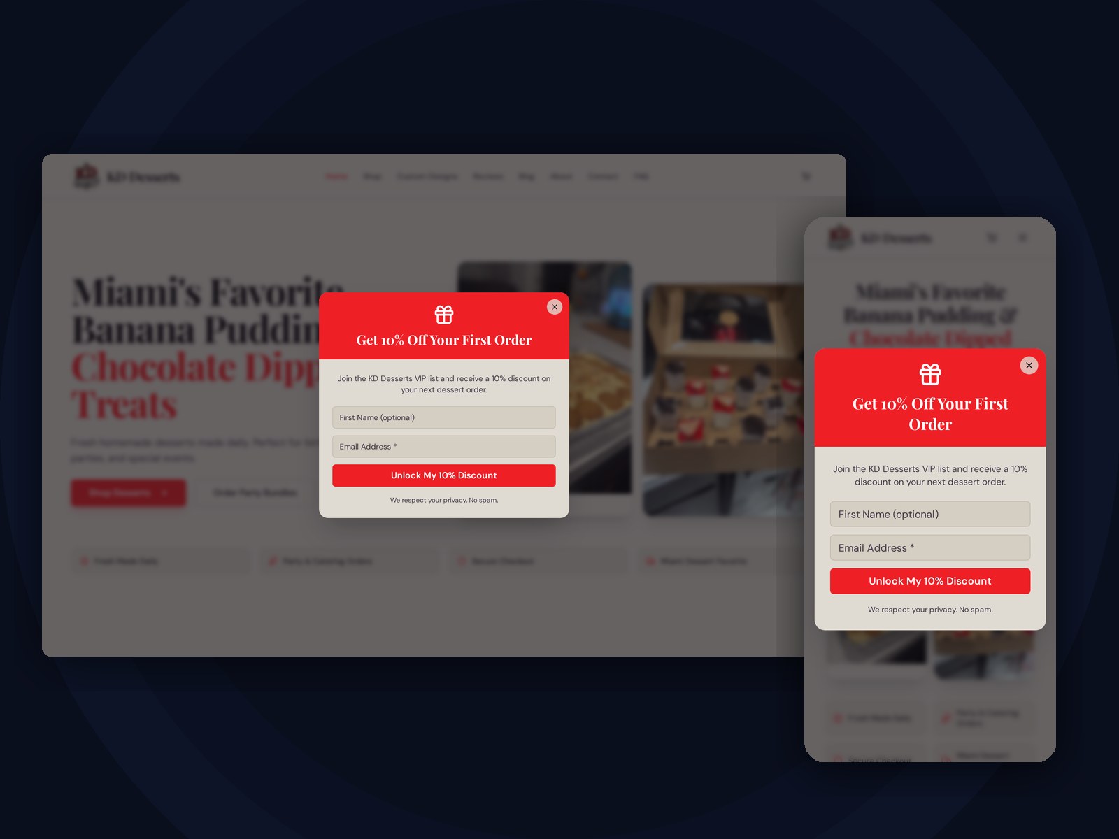 KD Desserts website mockup